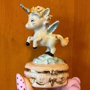 🦄 Unicorn Hinged Trinket Box Mini • Blue Wings • Rhinestones •Magnetic Closure